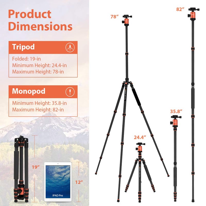 GEEKOTO 79 inches Carbon Fiber Camera Tripod Monopod with 360 Degree Ball Head 1/4 inch Quick Shoe Plate Professional Tripod Load up to 26.5 pounds - Image 2